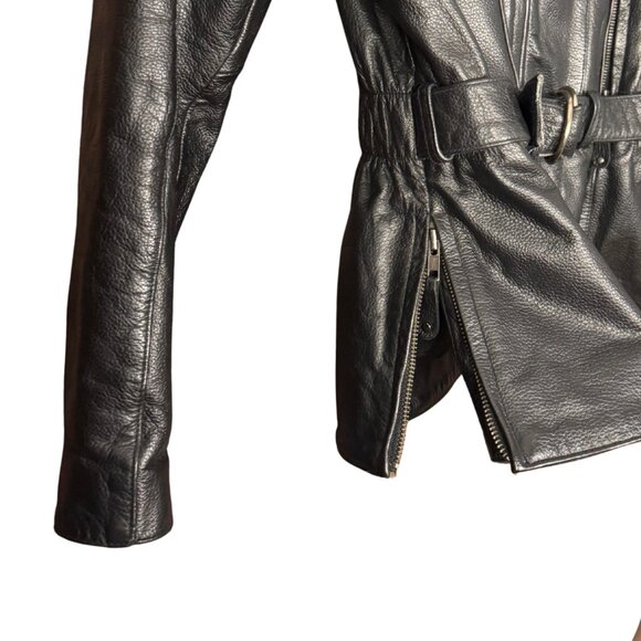 Vintage 90s Black Leather Biker Jacket Belted Moto Grunge Embossed Rose Detail - Picture 8 of 14